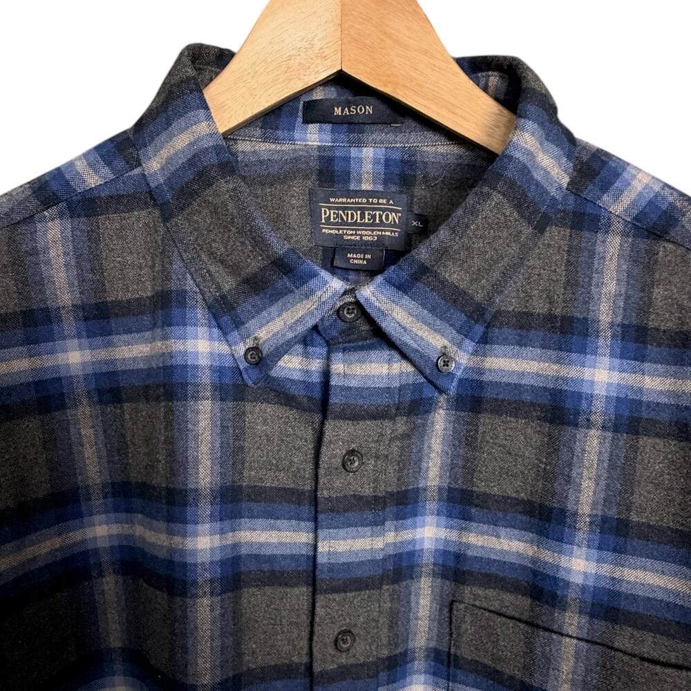 Pendelton Mason Gray & Blue 100% Cotton Flannel Plaid Mens XL Button Down Shirt - Picture 3 of 8